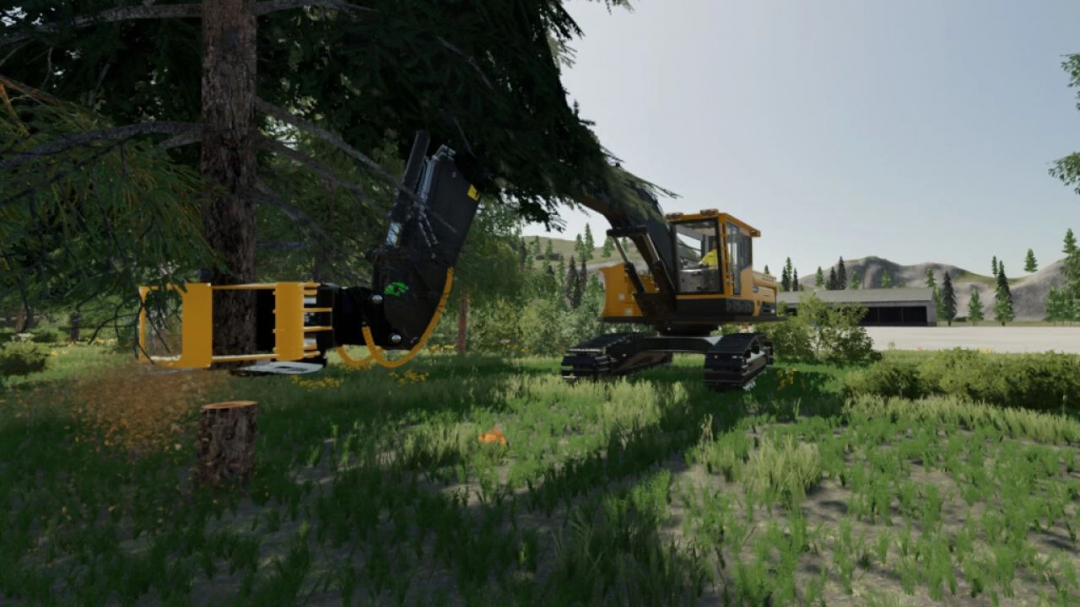 Grapple Saw mod in FS25 cutting down a tree in a forest setting.