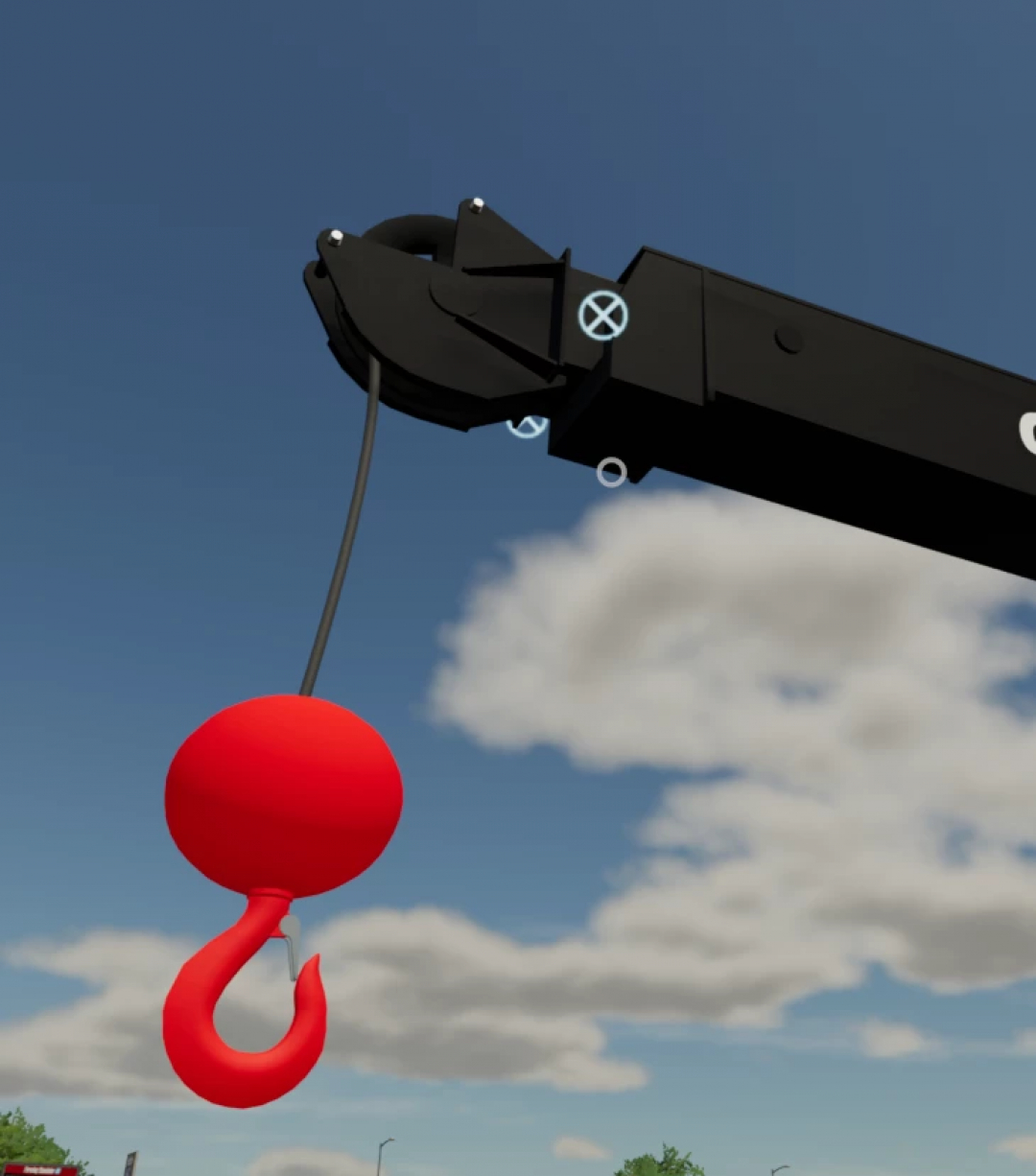 Close-up of Grove 530 E-2 crane hook in FS22 mod, under blue sky. Farming Simulator 22 mods.