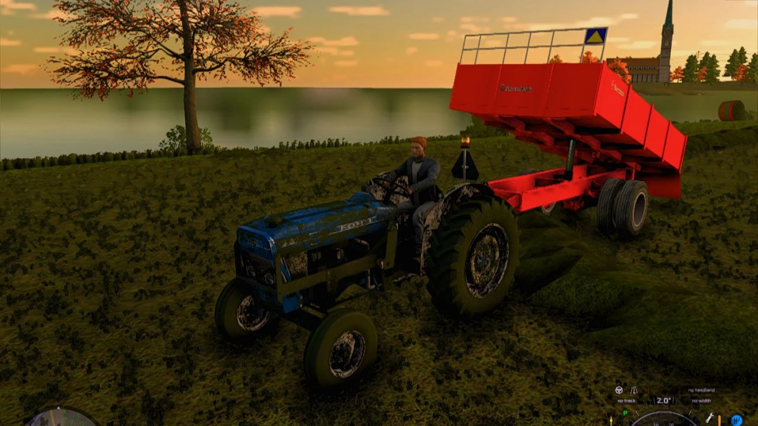 FS22 mod showing a blue tractor towing a HERCULANO Agricultural Trailer against a sunset backdrop.