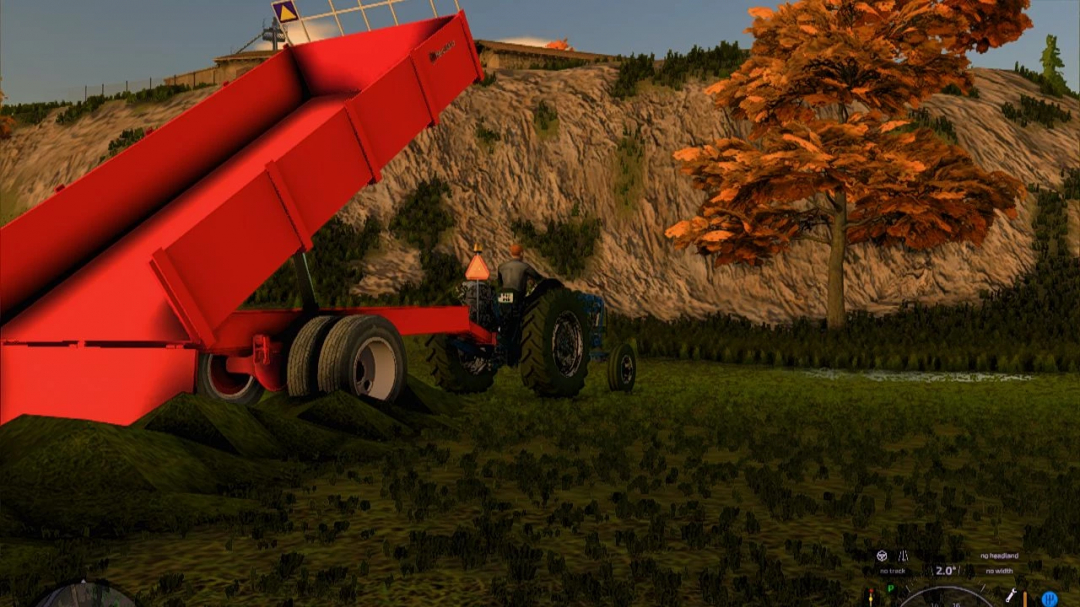 FS22 mod: HERCULANO Agricultural Trailer in Farming Simulator 22, unloading on a field with autumn trees in the background.