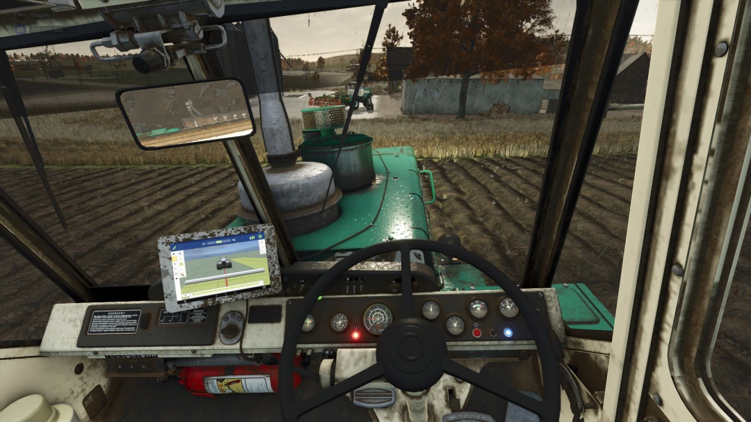 Interior view of HTZ T 150K V8 tractor in FS25 mod, showcasing the dashboard and controls while farming.