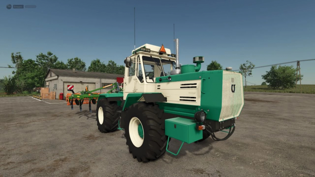 HTZ T 150K V8 mod in Farming Simulator 25 featuring a powerful green and white tractor in a rural setting. FS25 mods enhance gameplay.