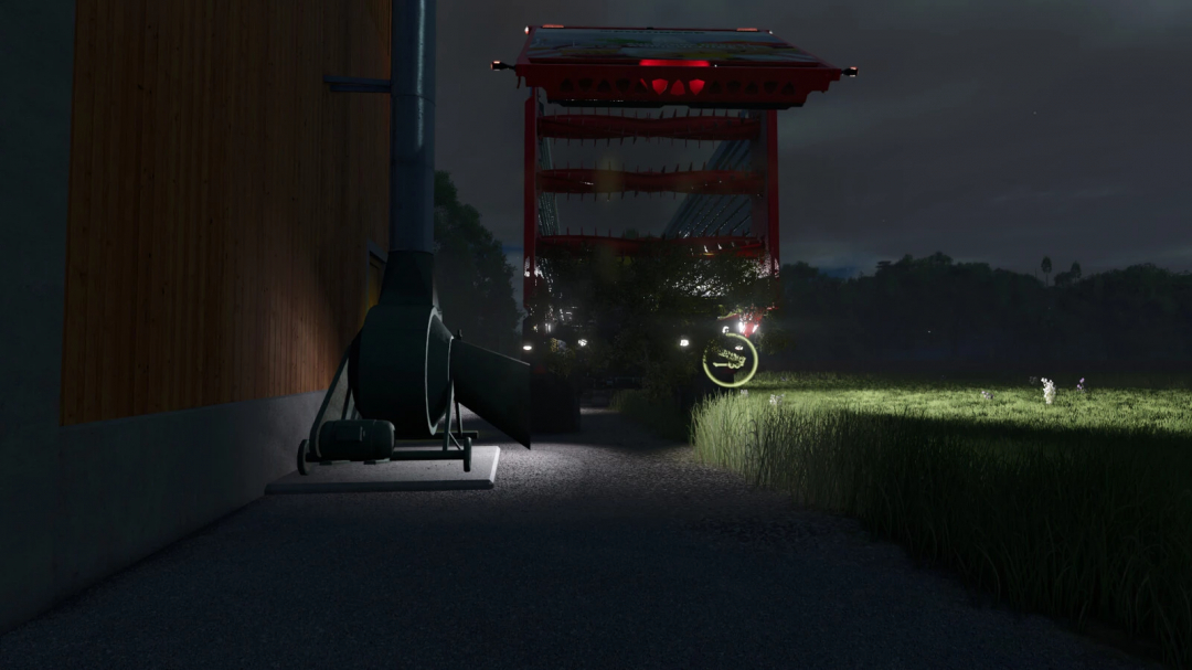 Night scene in FS25 mod showing hay storage and ventilation with machinery.