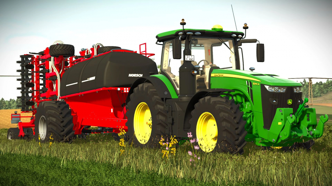 FS25 mod Horsch EVO CS 12 v1.0.0.0 with green tractor in field.