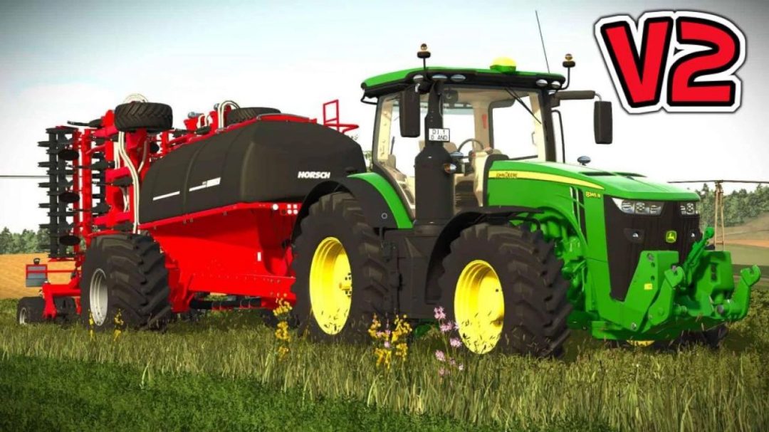 FS25 mod Horsch EVO CS 12 v2.0.0.0 features a green tractor with a red farming attachment in a field.