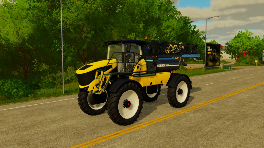 Horsch Leeb PT 35 mod in FS22, yellow sprayer vehicle on road, Farming Simulator 22 mods.