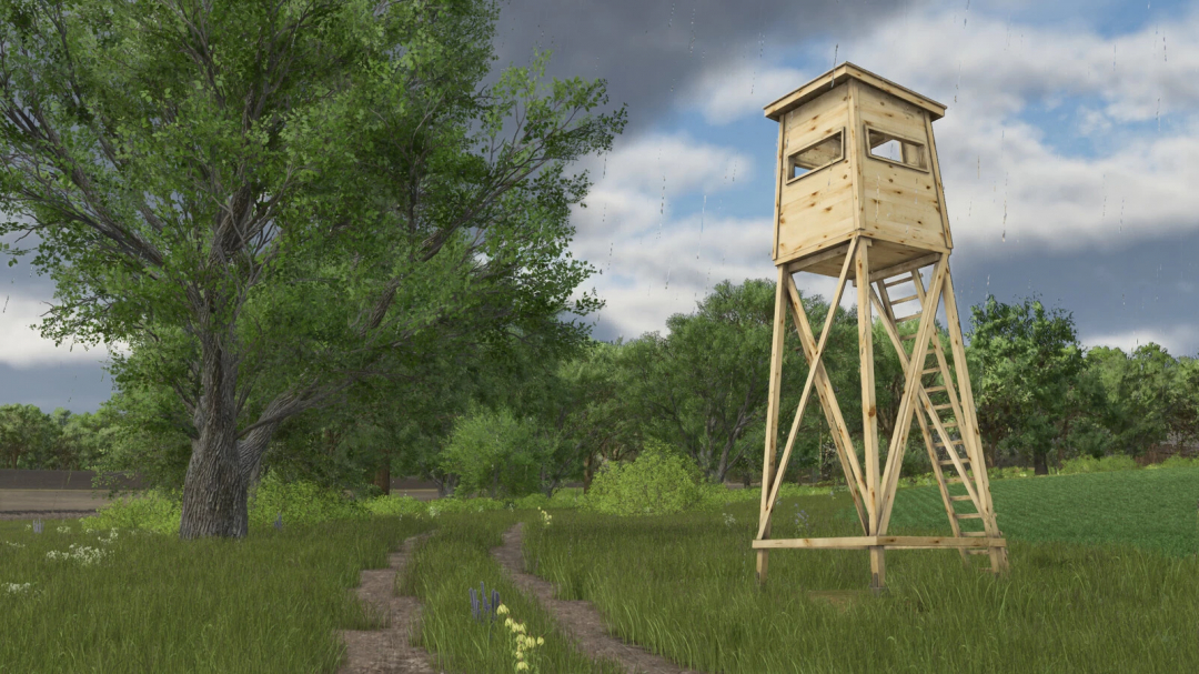 Wooden hunting pulpit in a lush green field under a cloudy sky in FS25 mod.