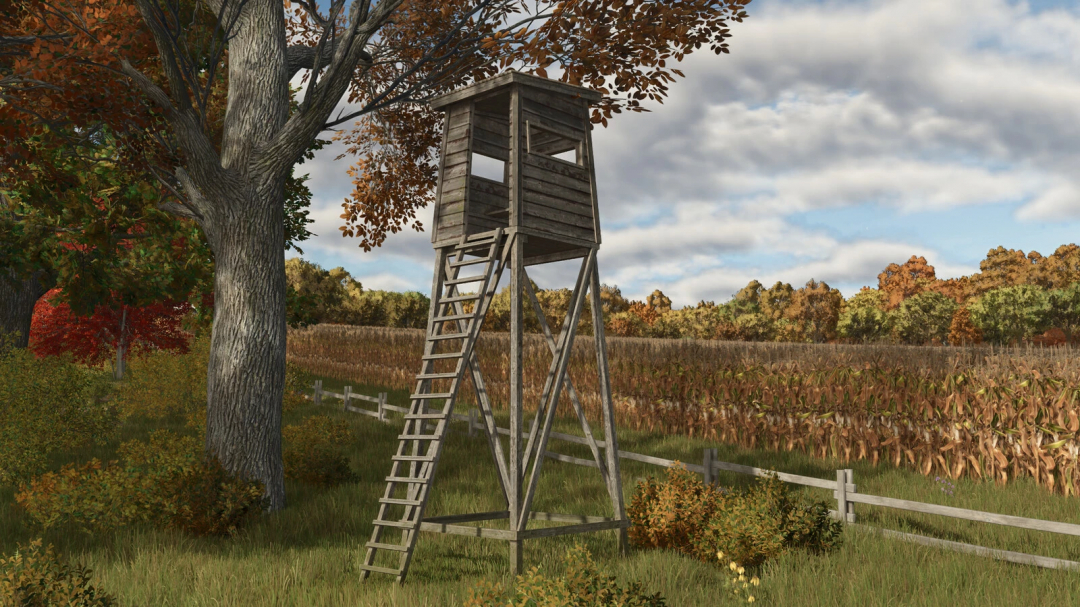 FS25 Hunting Pulpit mod in autumn landscape, showcasing wooden stand and ladder near cornfield.