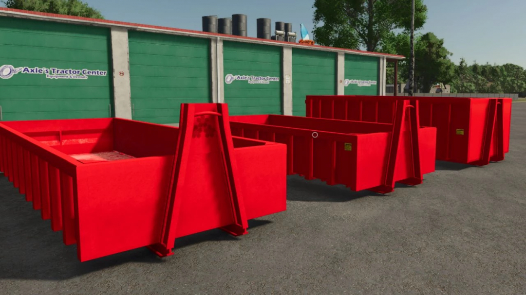 Red ITRunner dumpsters mod v1.0.0.0 for FS25, displayed in front of a green building in Farming Simulator 25.