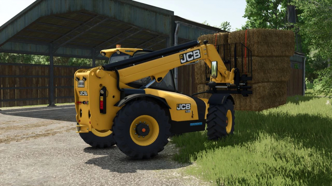 JCB 535-95 telehandler lifting hay bales in FS25 mod.