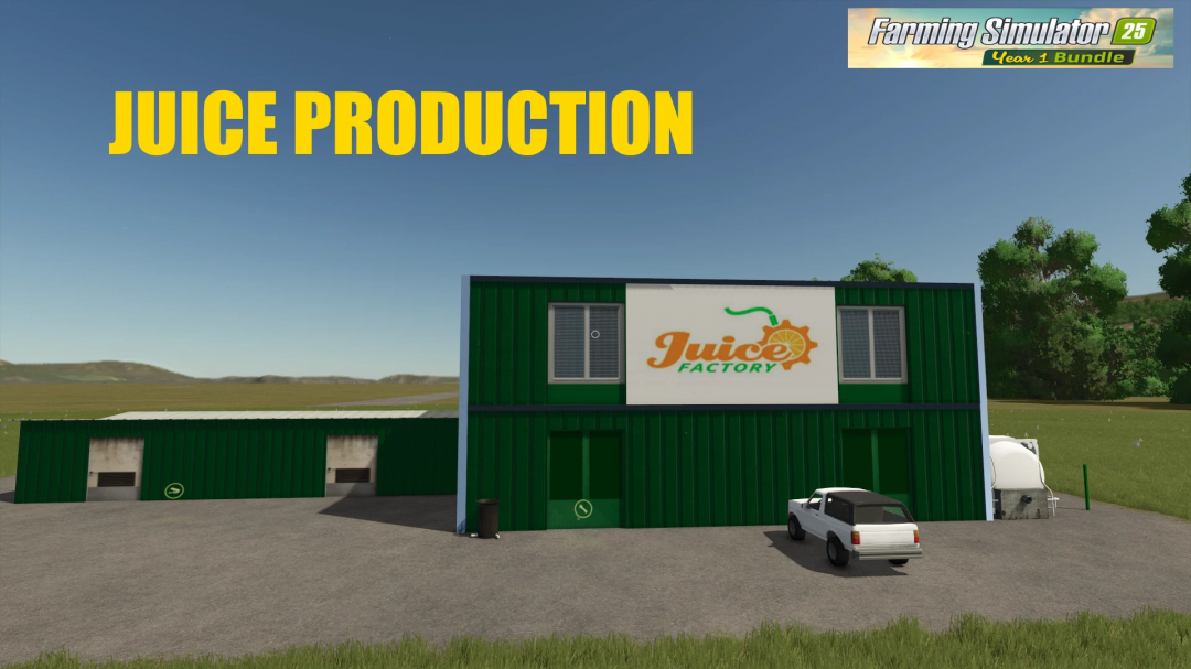 JUICE PRODUCTION mod for FS25 showing a juice factory building and truck