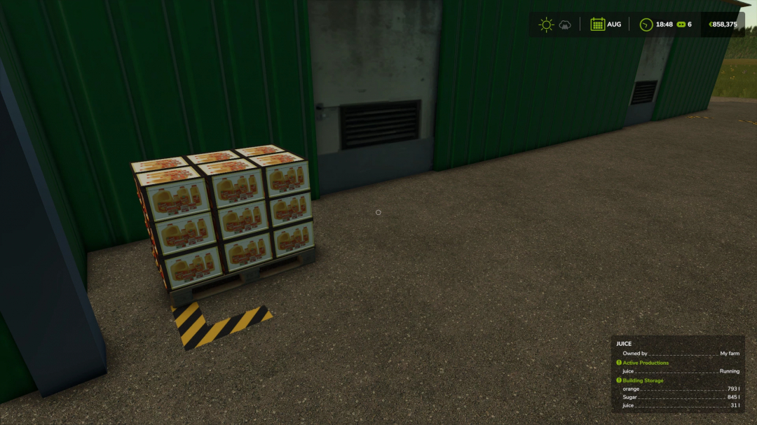 FS25 JUICE PRODUCTION mod with stacked juice boxes outside a green facility.