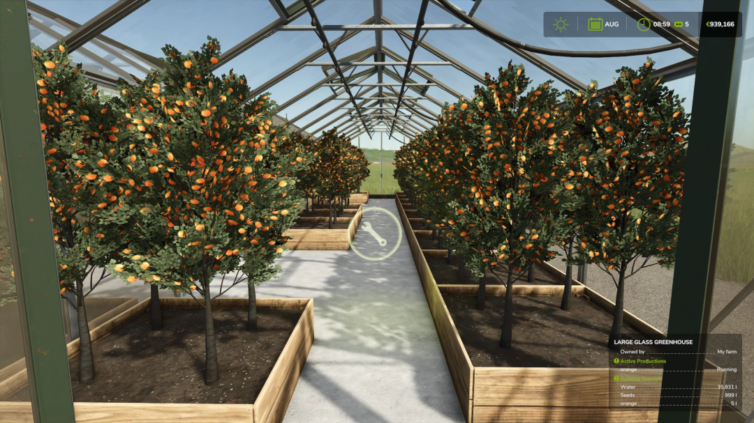 FS25 mod Juice Production with orange trees in a glass greenhouse.