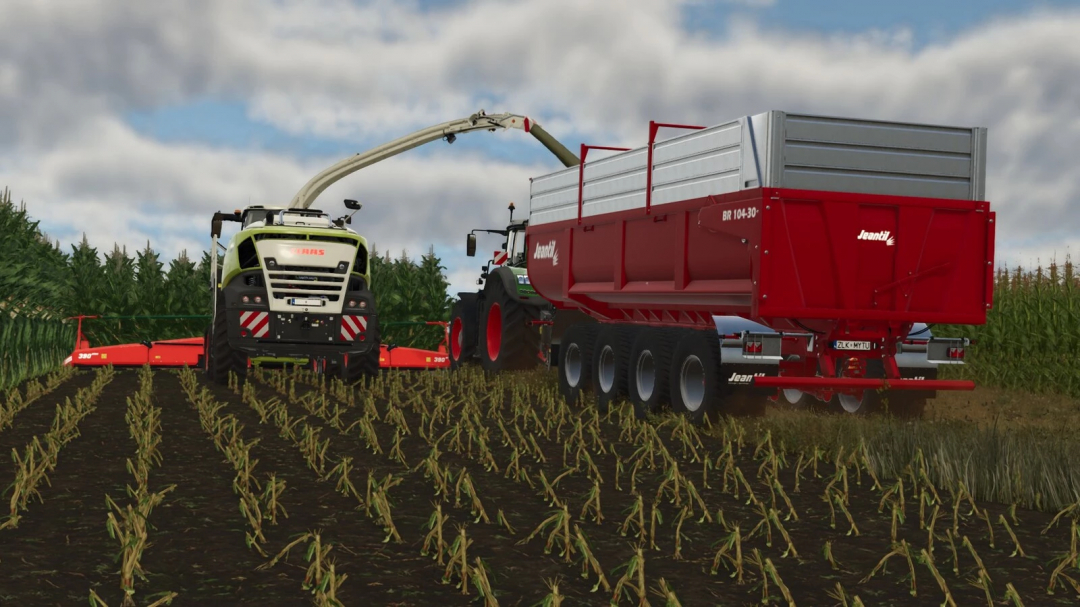 Tractor with Jeantil BR 104-30 trailer in FS25 mod, cultivating a field.