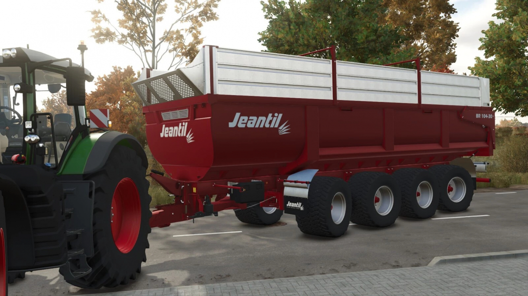 FS25 Jeantil BR 104-30 mod showcasing a red agricultural trailer attached to a tractor, used in Farming Simulator 25 for hauling tasks.