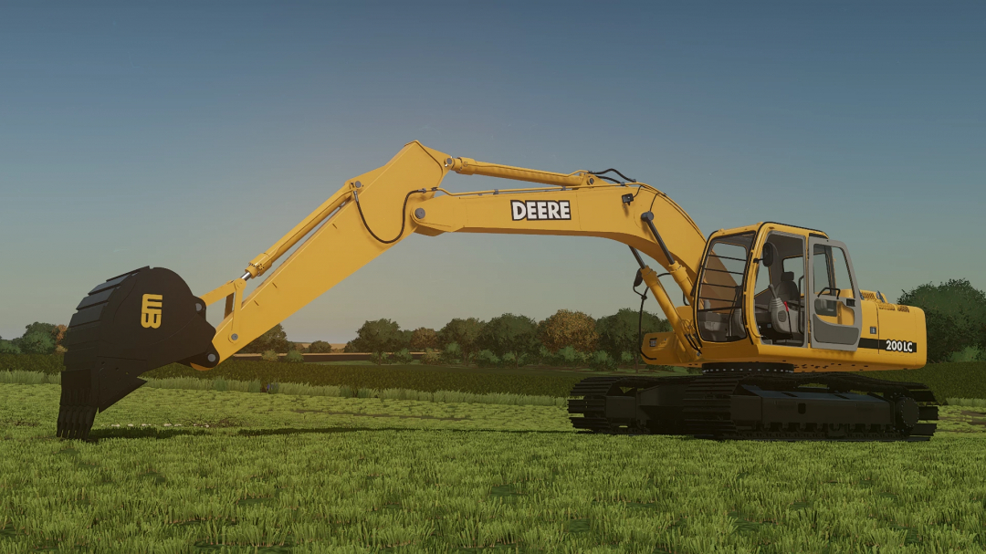 John Deere 200LC excavator mod for Farming Simulator 25 in a field.