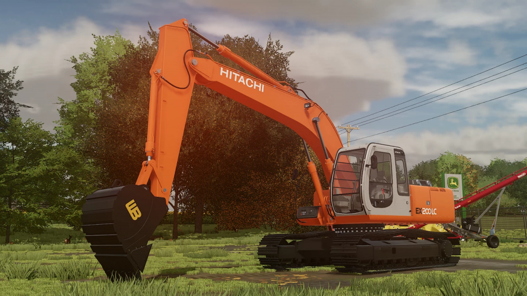 Hitachi EX200LC-5 excavator mod in FS25, showcasing its functionality in a rural setting.