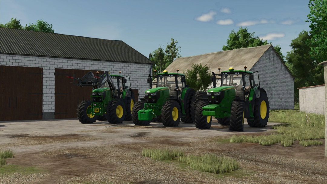 Three John Deere 6M tractors in FS25 mod parked outside farm buildings