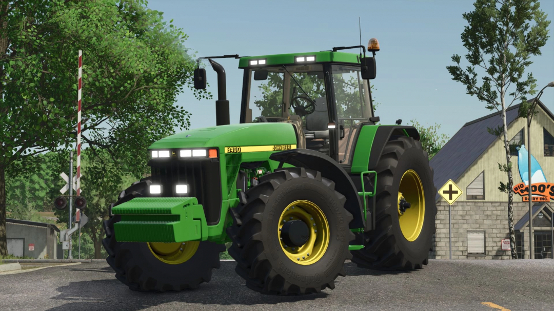 John Deere 8000 tractor mod in FS25 displayed on a street, enhancing Farming Simulator 25 gameplay.