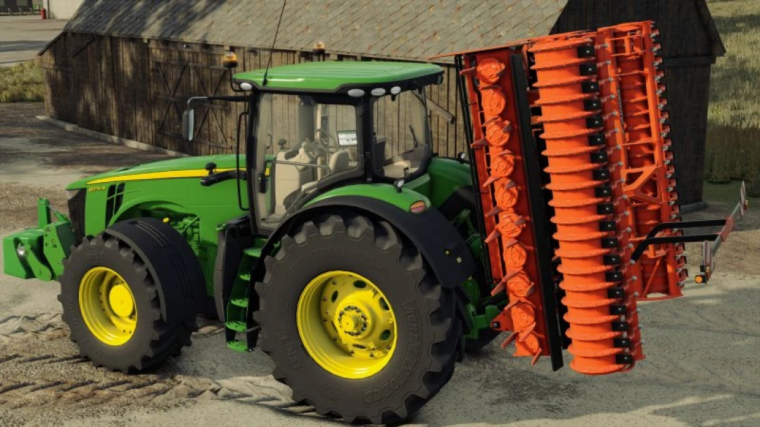 John Deere 8R Series tractor with equipment in FS25 mod, displayed in a farm setting. Farming Simulator 25 mods enhance gameplay realism.