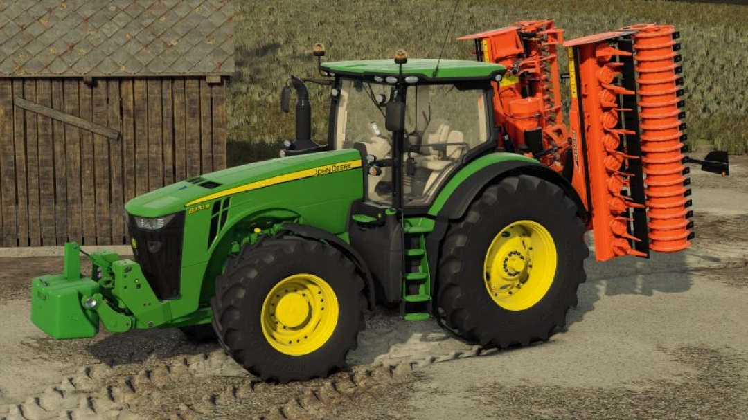 John Deere 8R Series 2014-2019 tractor mod in FS25 with front weight and rear attachment. Farming Simulator 25 mods.