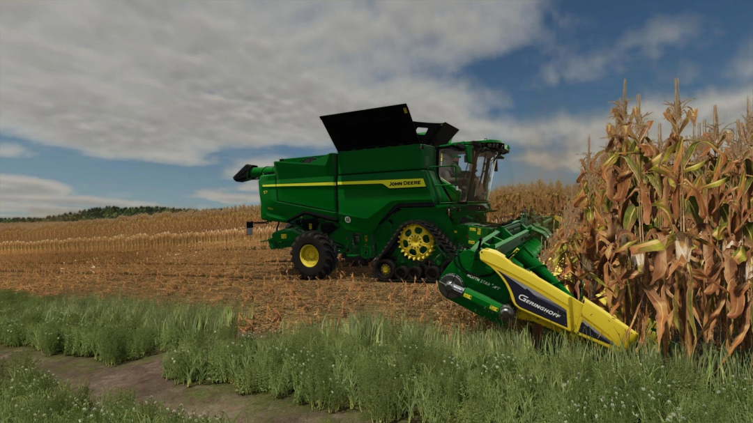 John Deere harvester in cornfield, part of FS25 mods John Deere Harvesting Pack v1.0.0.0, Farming Simulator 25.