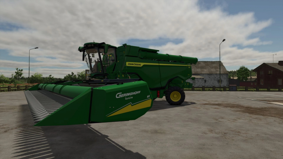 FS25 mod John Deere Harvesting Pack v1.0.0.0 showcasing green harvester parked on farm.