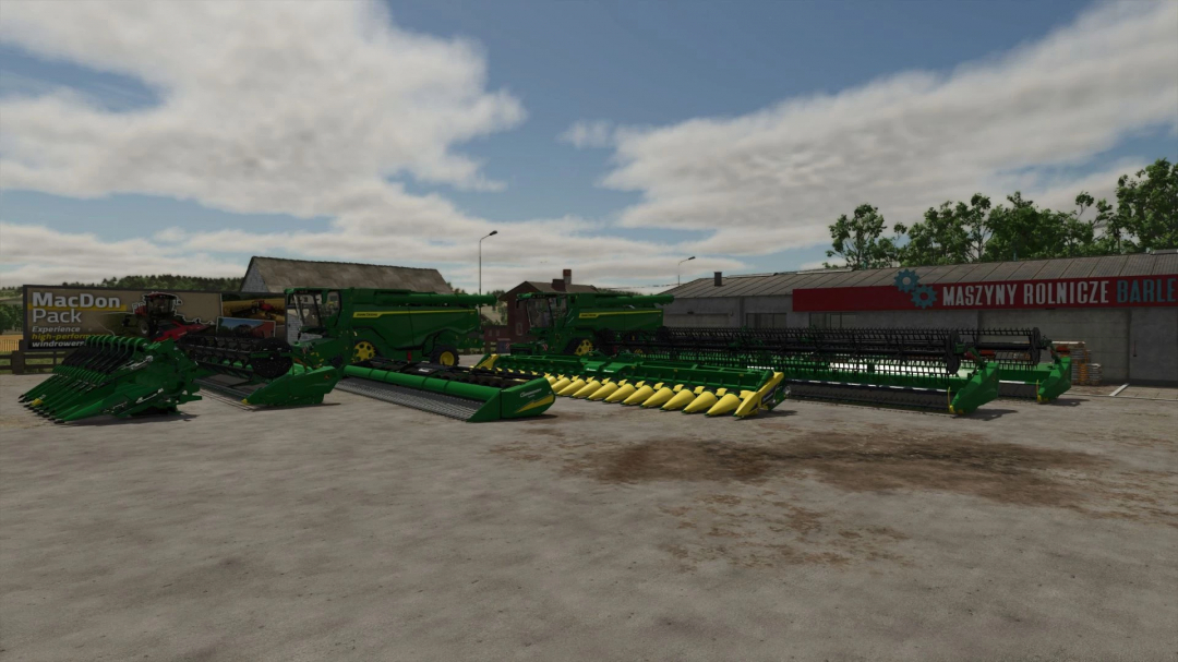 FS25 mods John Deere Harvesting Pack v1.0.0.0 featuring green harvesters and headers in a farm setting.