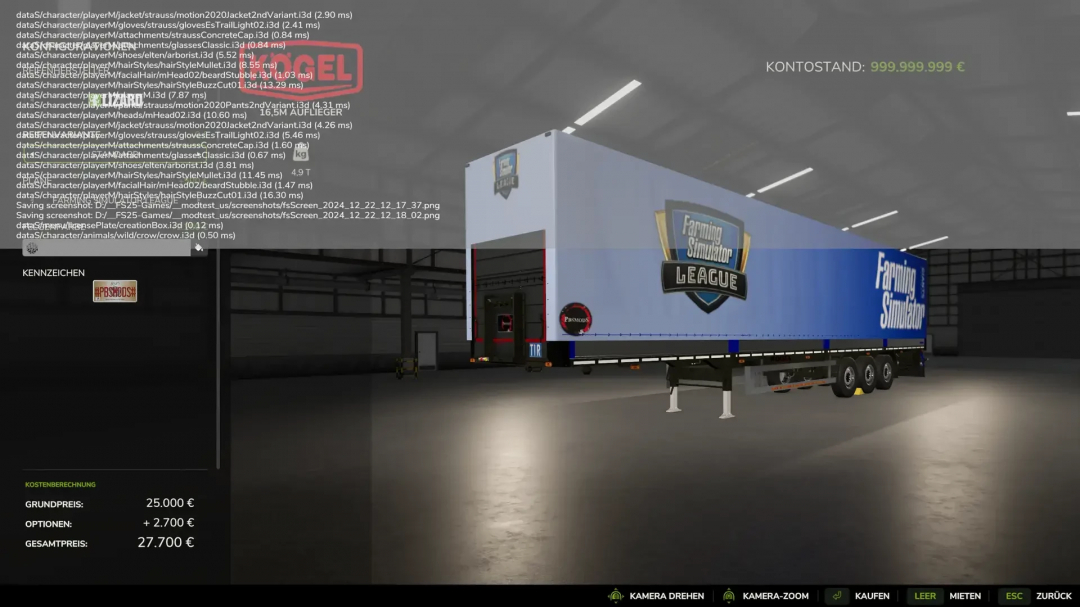 FS25 mod KÖGEL 16.5m flatbed tarpaulin trailer showcased in a virtual garage with Farming Simulator League branding.