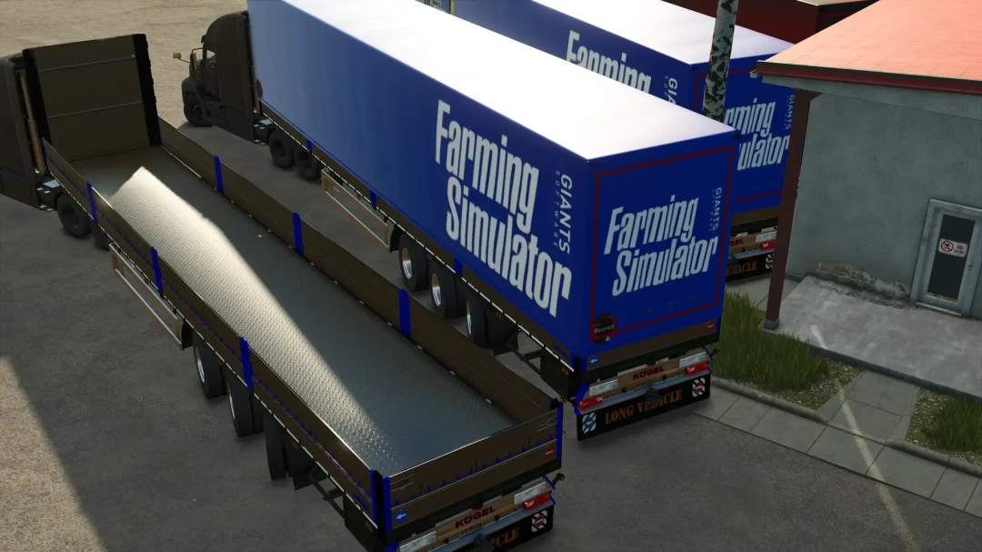 KÖGEL 16.5m flatbed tarpaulin trailer mod for FS25, showcasing blue trailers with Farming Simulator logo.