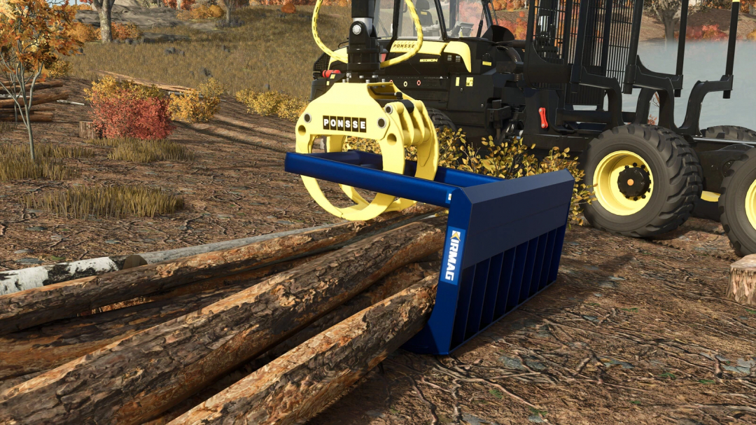 Kirmag Tree Waste Rake v1.0.0.0 in FS25 mod, used for gathering logs, attached to a forestry vehicle.