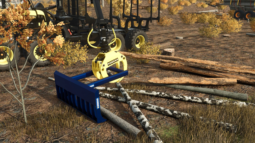 Kirmag Tree Waste Rake mod for FS25, showing log handling equipment in a forest setting.