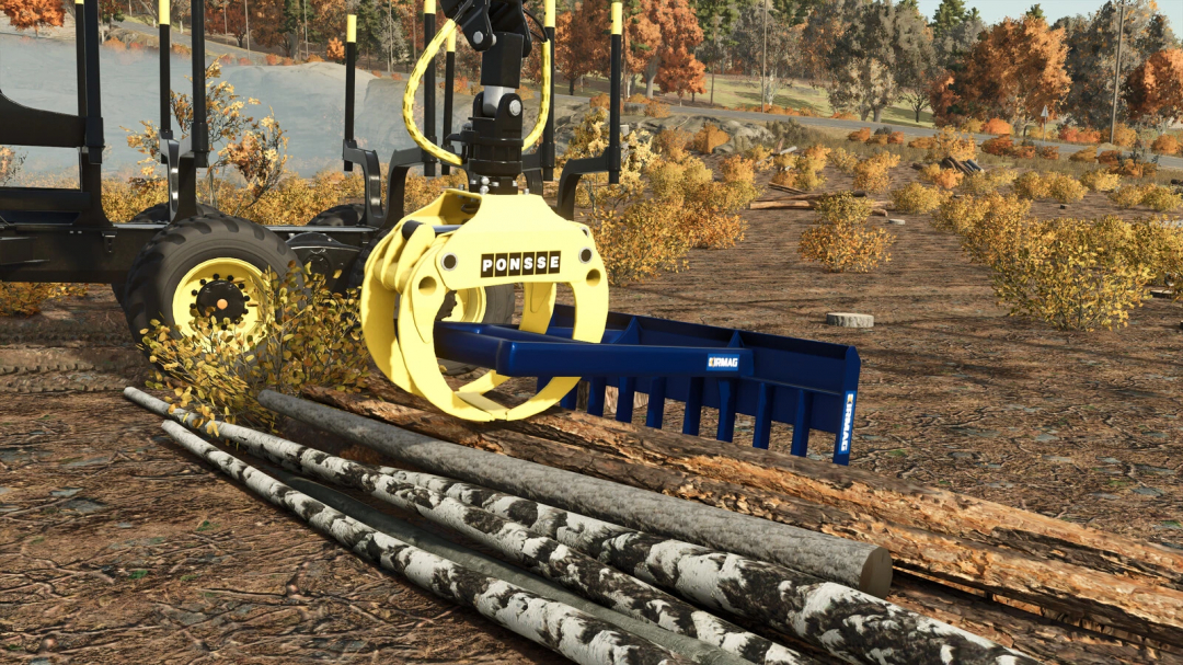 FS25 mod: Kirmag Tree Waste Rake v1.0.0.0 in a forest setting.