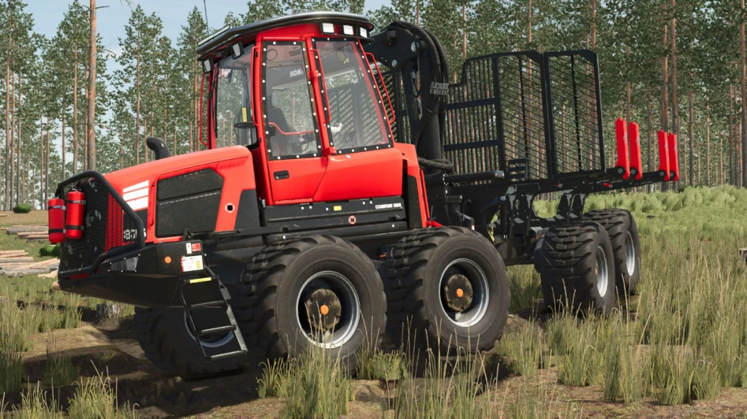 Komatsu 875 Loadflex v1.1.0.0 mod for FS25, featuring a red forestry vehicle in a wooded area. Farming Simulator 25 mod.