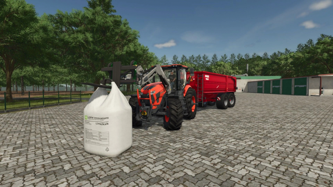 Kubota M8 Series tractor lifting lime bag in FS25 mod for Farming Simulator 25.