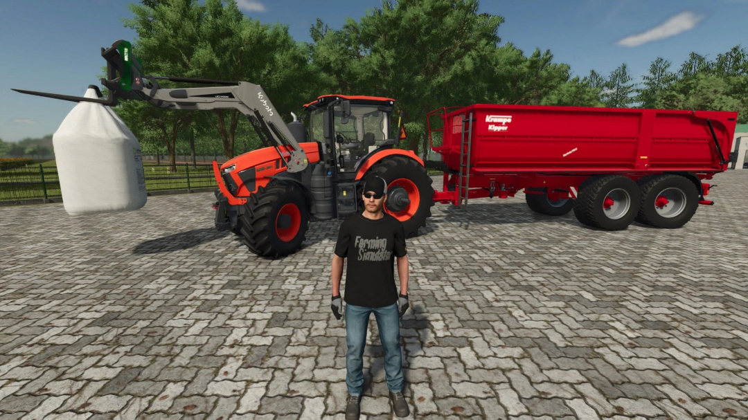 FS25 mod Kubota M8 Series Edit v1.0.0.0 with tractor and red trailer in Farming Simulator 25.