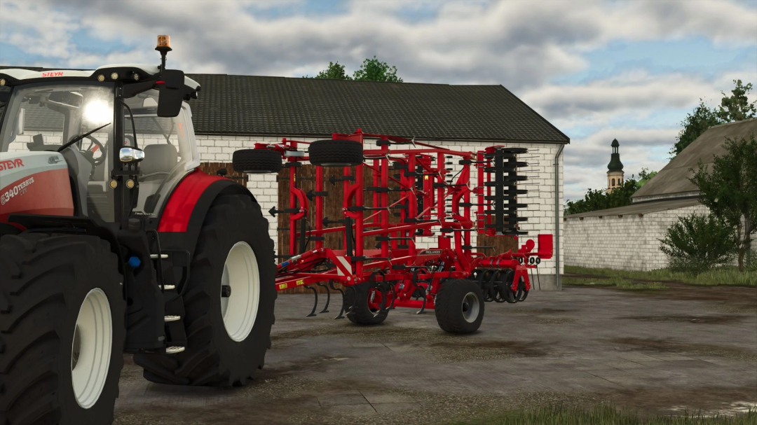 FS25 mod: Kuhn Prolander 6000 attached to a tractor in a farm setting.