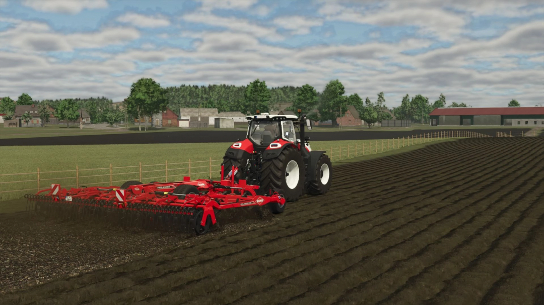 FS25 mod Kuhn Prolander 6000 v1.0.0.0 cultivating a field with a tractor in Farming Simulator 25.