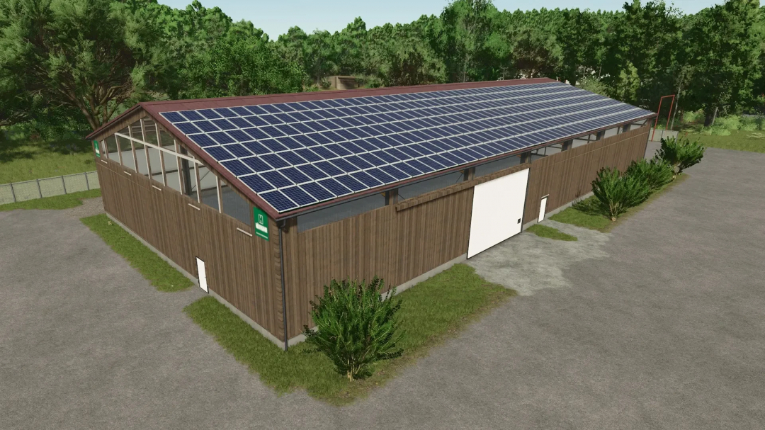 Large garage with vehicle workshop in wood look for FS25 mod, featuring solar panels on the roof.