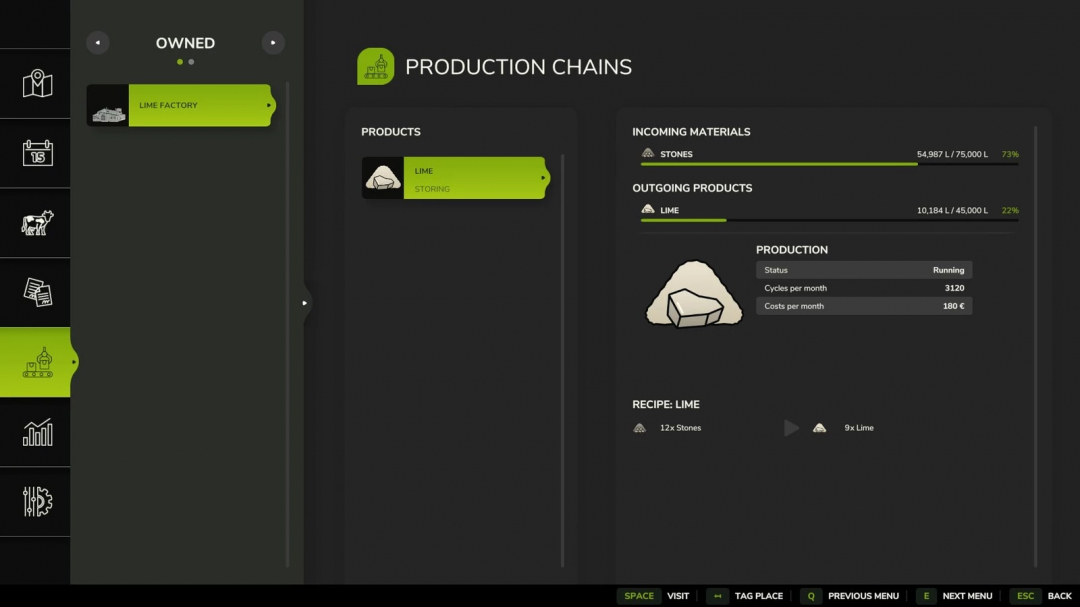 FS25 Lime Factory mod interface showing production chains with lime production details.