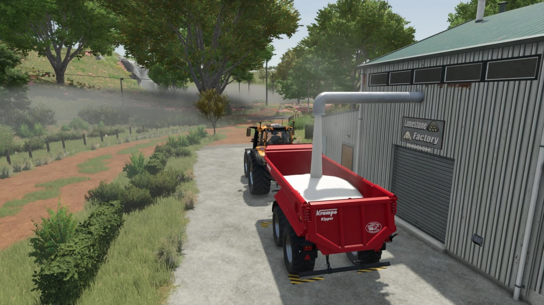 FS25 Lime Factory mod showing a tractor loading a red trailer with lime outside.