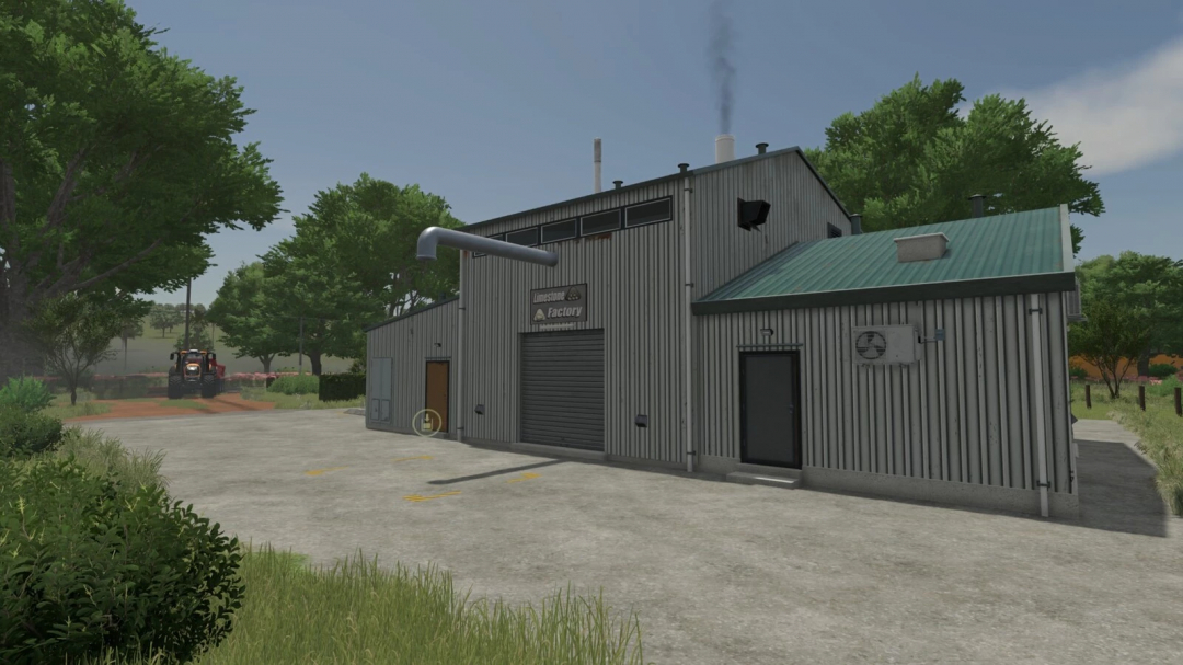 Lime Factory in FS25 mod, featuring a metal building with greenery and a tractor in the background.