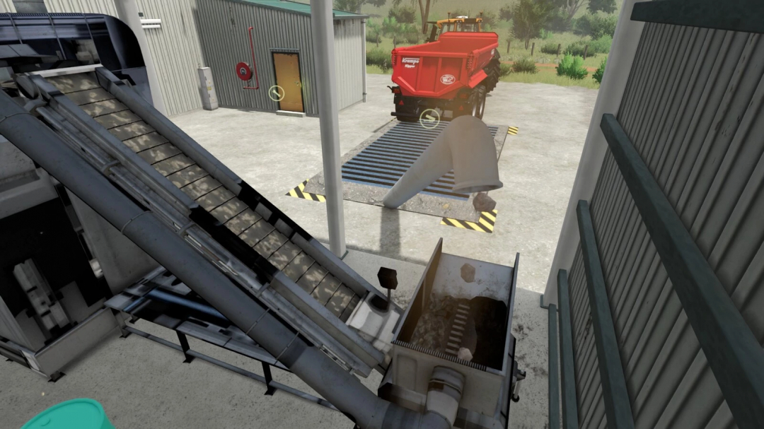 FS25 Lime Factory mod showing conveyor belt and red trailer unloading lime.