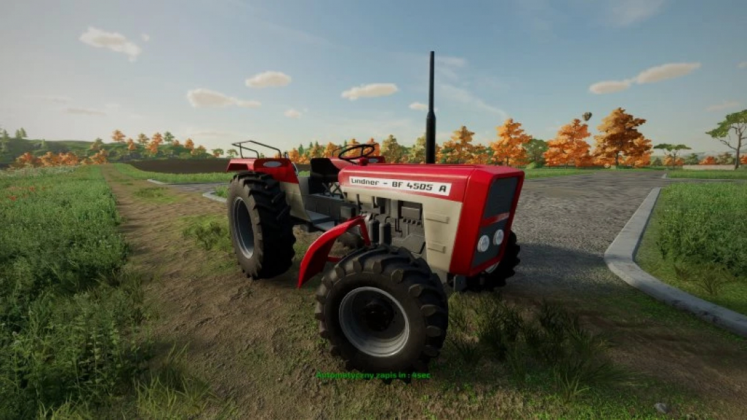 Lindner BF 4505 A tractor mod in Farming Simulator 25, showcasing detailed design and autumn landscape.