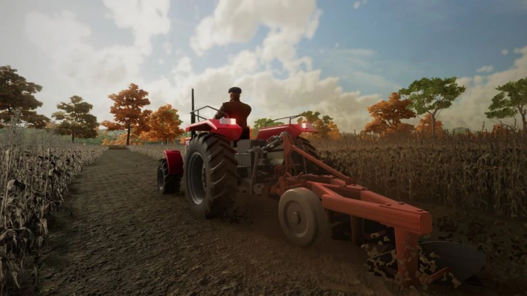 Red Lindner BF 4505 A tractor mod for FS25 driving through a field, showcasing realistic farming simulation.