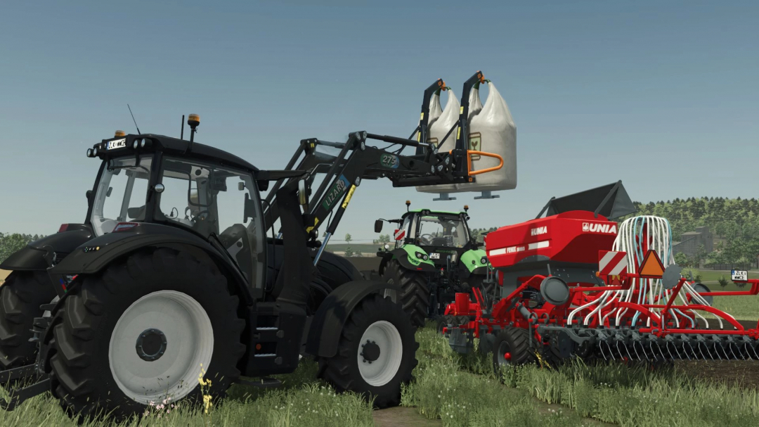 Lizard 240-275 SL frontloaders in action in FS25, lifting large bags on a tractor in a farm setting.