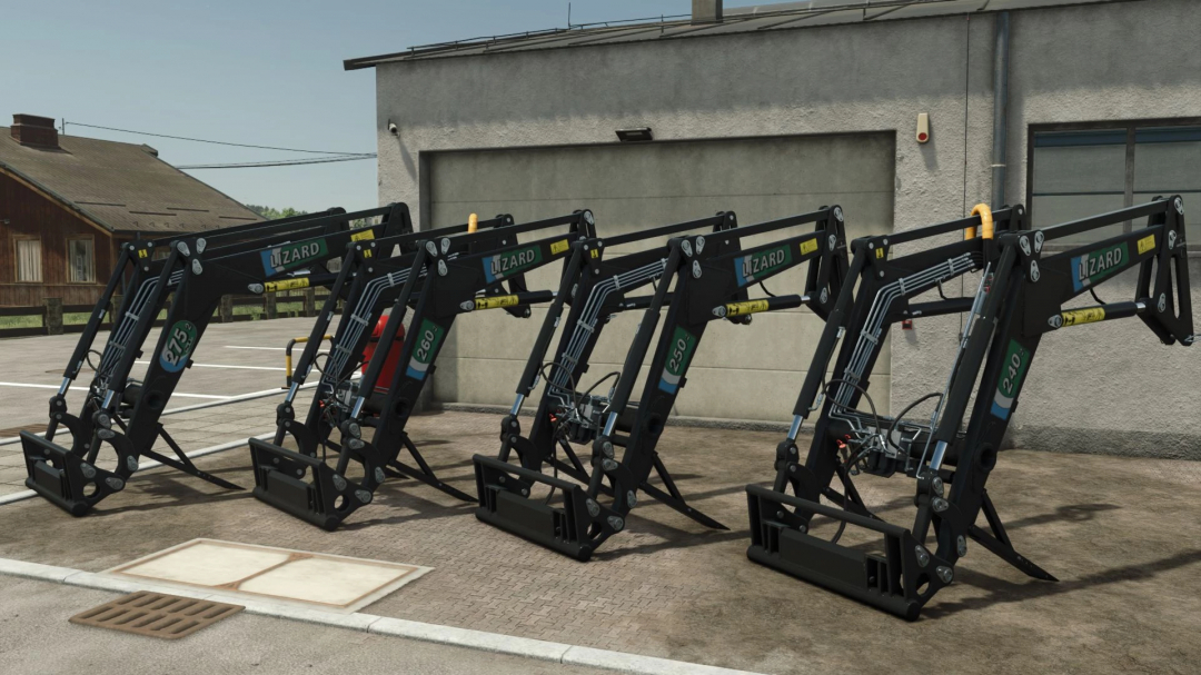 Lizard 240-275 SL Frontloaders mod for Farming Simulator 25, featuring various frontloaders aligned outside a garage.