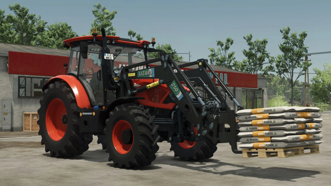 FS25 mod Lizard 240-275 SL Frontloaders v1.0.0.0 lifting seed bags on a tractor in Farming Simulator 25.