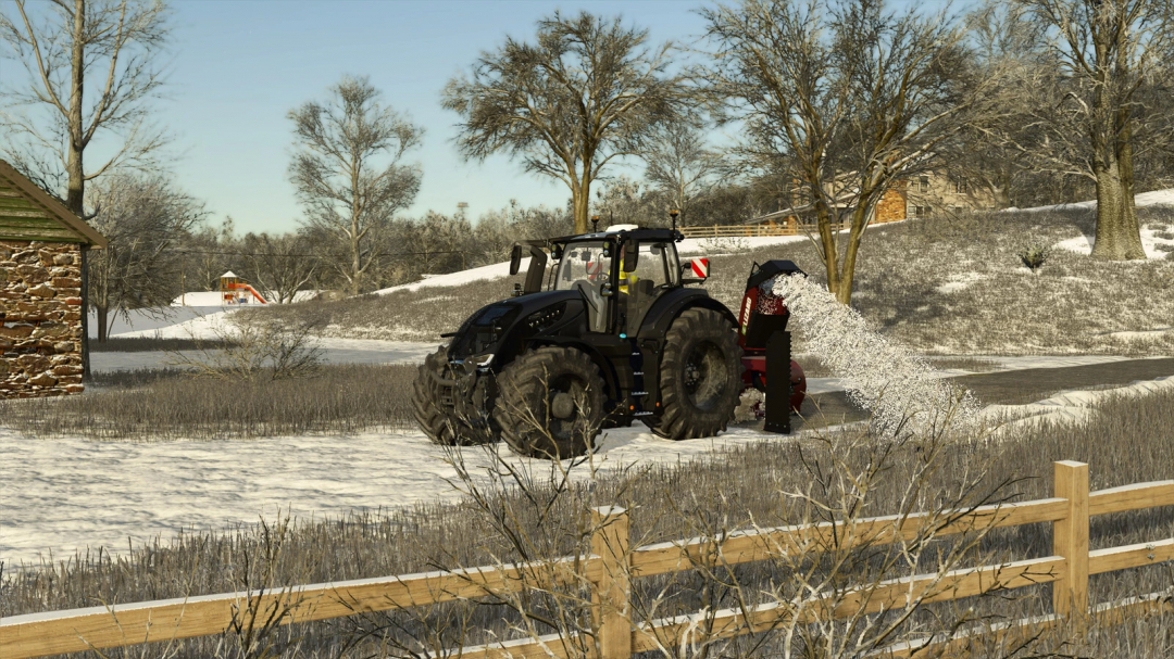 FS25 mods: Lizard 262 Monster V clearing snow with attachment on a snowy farm landscape.