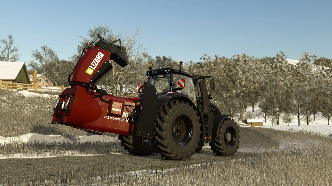 Lizard 262 Monster V mod for FS25, showing a tractor with a red attachment in a snowy landscape.